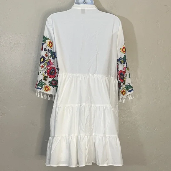 SHEIN White Dress with Colorful Floral Sleeves - Picture 3 of 5